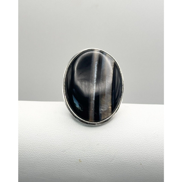 Banded Black Onyx Ring .925 Stone Ring Sz 8 - 11.61 Grams 1.5" Stone - Picture 1 of 4